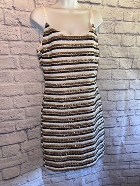 Just Me White, Gold & Blue Striped Sequin Mini Dress Size Large
